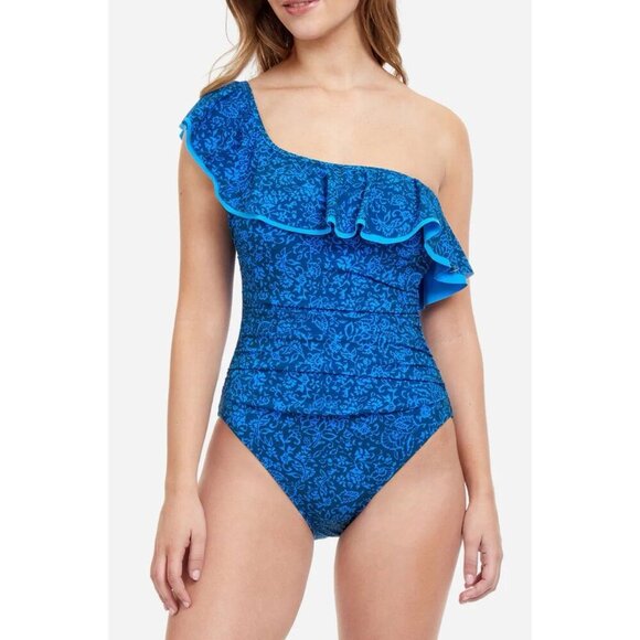 Profile By Gottex Petrol Blue Mehndi One Shoulder Ruffle Swimsuit Womens Size 14 - Picture 2 of 16